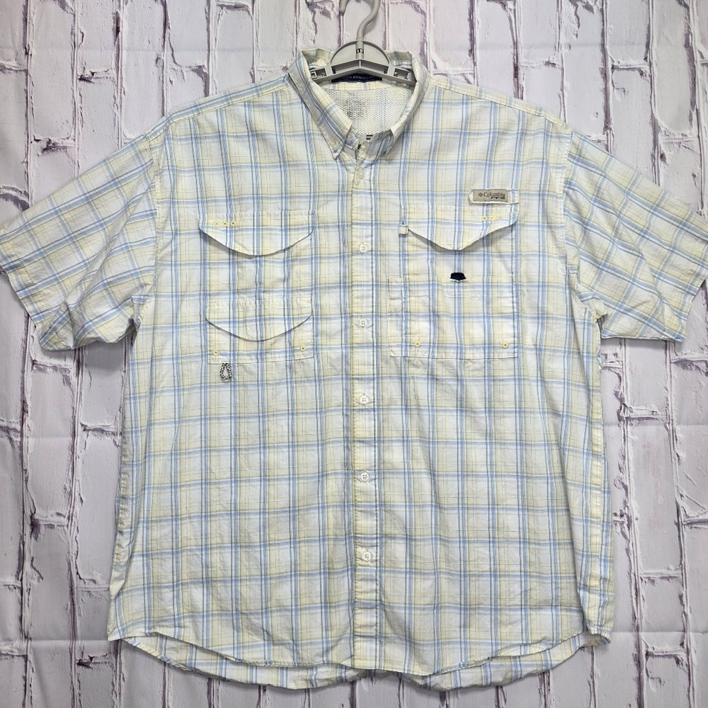 Columbia Omni Shade Button Up Mens‎ Sz XL Yellow Blue Plaid Short Sleeve Vented